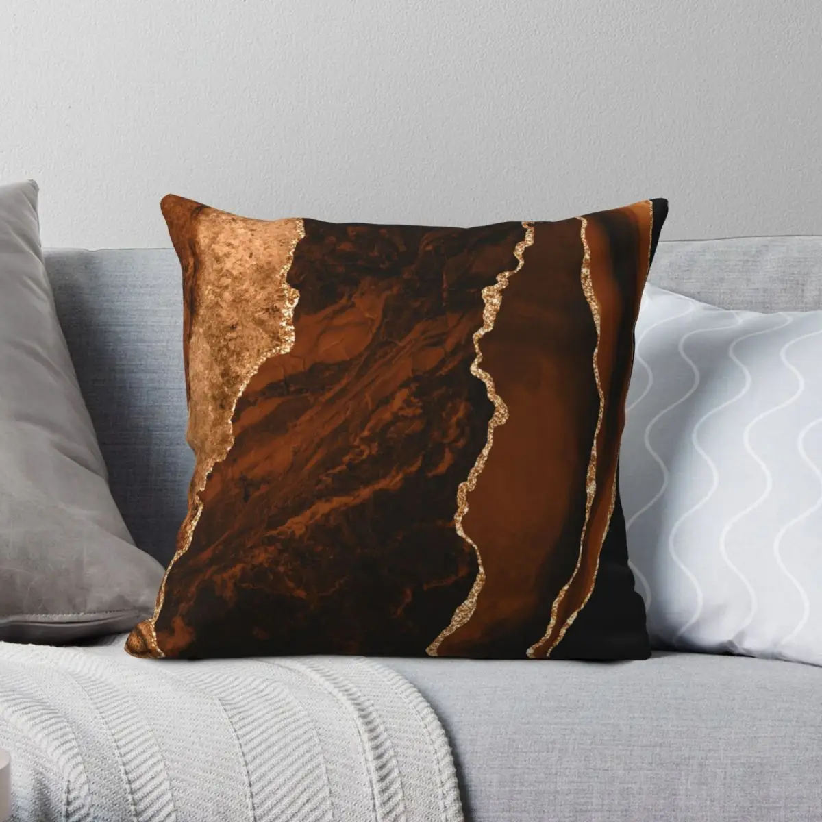 Abstract Chocolate Brown Gold Geode Agate Square Pillowcase Polyester Linen Velvet Printed Zip Decorative Throw Pillow Case