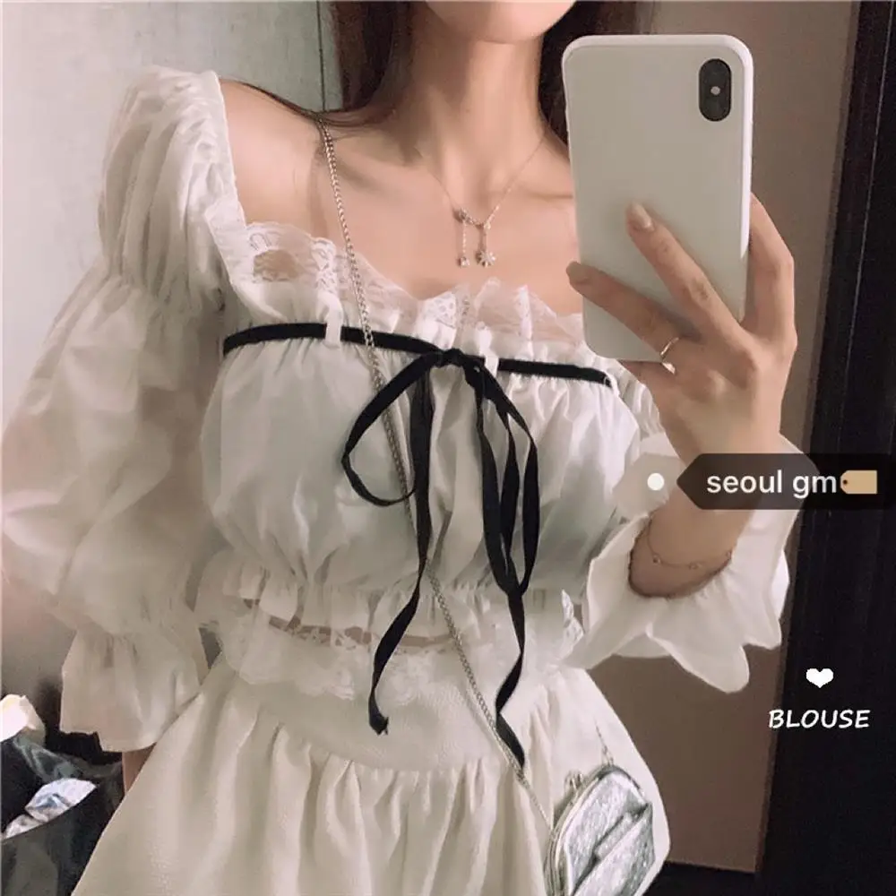Summer Guima Girl Korean Retro Sweet Western Style Age Reducing Versatile Heart Machine Strap One Collar Bubble Sleeve T-Shirt