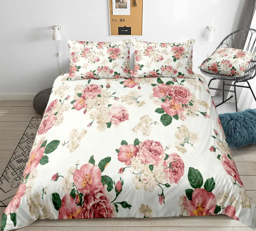 Flowers Bedding Set Rose Bed Linen Red White Bedclothes Floral Duvet Cover Set Girls Women Home Textile Soft Microfiber Beds Set