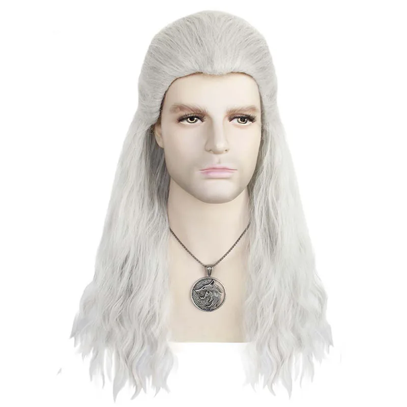 Geralt Wig Long Water Wave Silver White Wigs With Badge Metal Pendant Slice Back Styled Hair Cosplay Wigs + Wig Cap