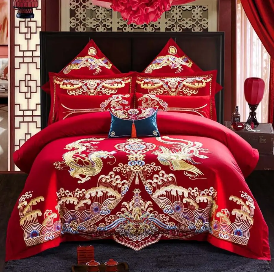 100% Cotton Golden Loong Phoenix Embroidery Duvet Cove Set Luxury Chinese Wedding Red Bedding Bed Sheet Pillowcases King Queen