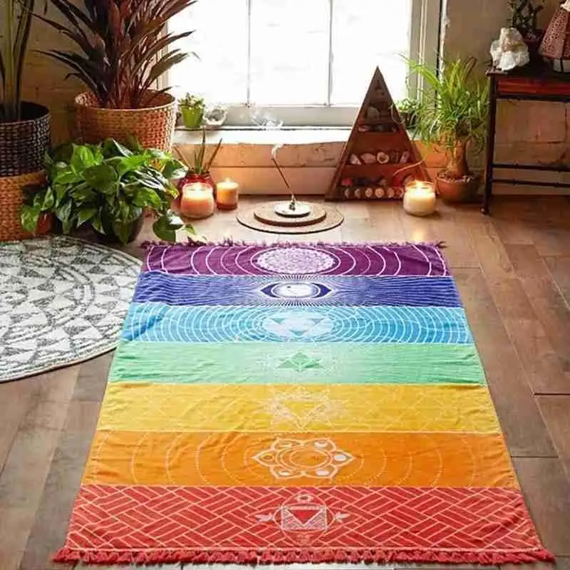 Hot 1Pcs Tassels Single Rainbow Chakra Tapestry Towel Mandala Stripes Polyester Mat Tapestry Beach Travel Mat Yoga Boho J6R0