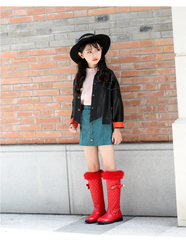 New red Genuine Leather Girls Knee-high Boots Princess Children\'s Tall Boots High Kids Shoes Girl Shoes Knee Fashion  Boots