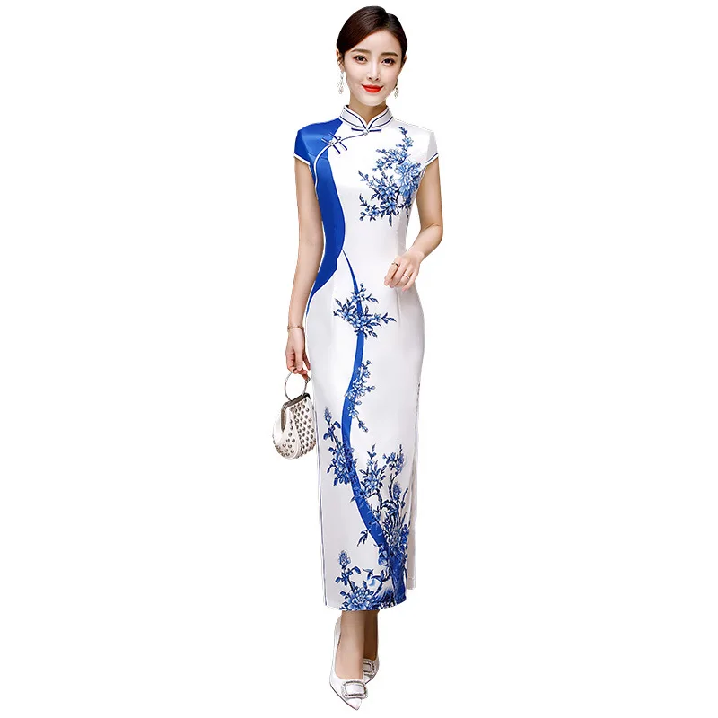 White Vintage Chinese Style Print Flower Qipao Long Handmade Button Cheongsam Dress Women's Mandarin Collar Traditional Dress