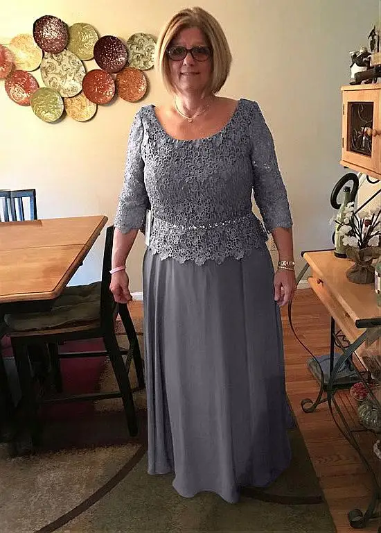 

Gray Mother Of The Bride Dresses A-line 3/4 Sleeves Chiffon Lace Beaded Plus Size Long Mother Dresses For Wedding