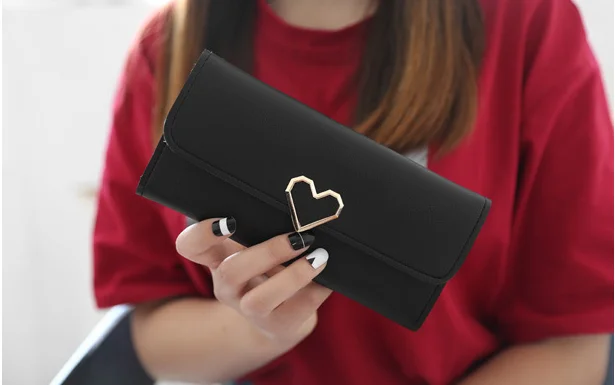 

2022 New Cute PU Leather Purse Heart-shaped Decoration Long Multi-card Wallet Purse Buckle Clutch Mobile Phone Student Women's W