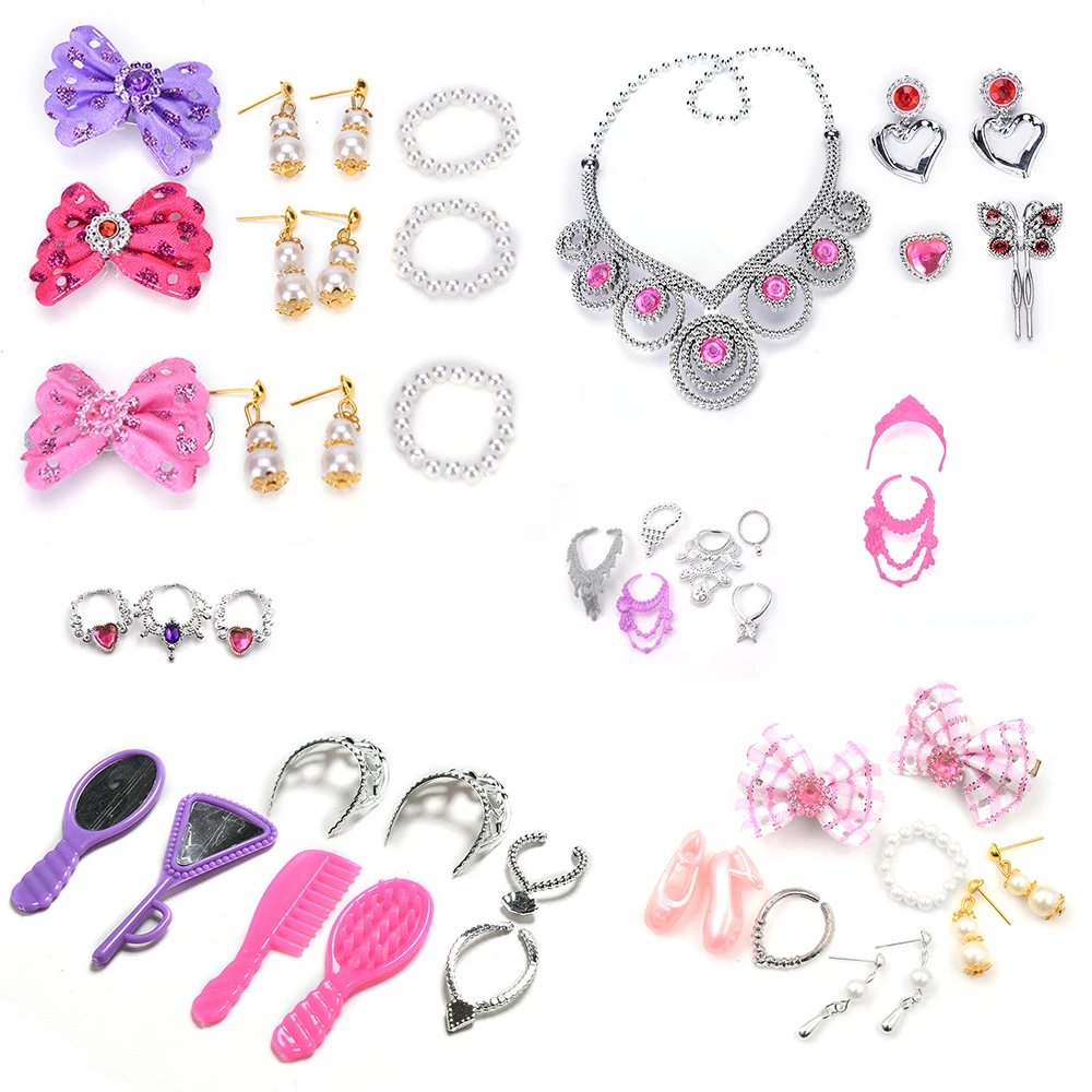 Doll Set of Fashion Jewelry Princess Empress Crowns Necklace Earring Bowknot For Dolls Party Accessories for  Kids Gift