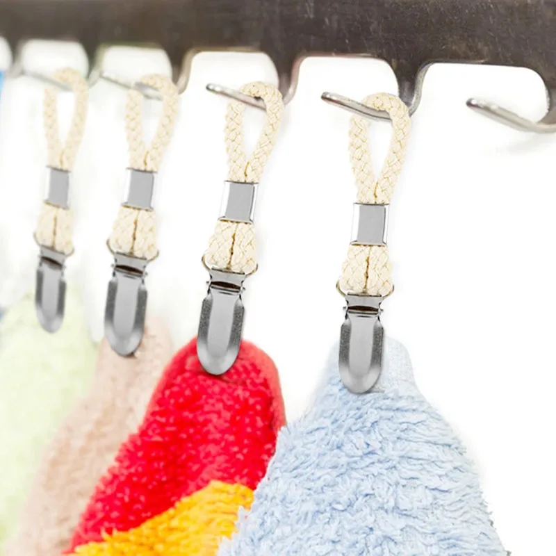 2/4pcs Braided Cotton Loop Towel Clip With Metal Clamp Multipurpose Cloth Hanger For Home Bathroom Kitchen Home Storage Folder