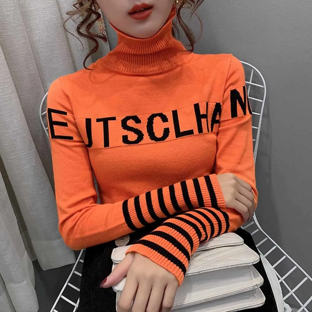 Winter Black White Blue Orange Sweater Women Turtleneck Pullovers Letters Slim Harajuku Casual Turtleneck Sweater Autumn