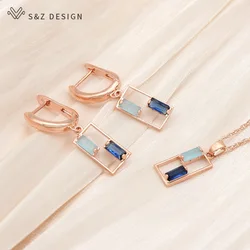 S&Z DESIGN New Unique Double Color Square Cubic Zirconia Dangle Earrings Jewelry Sets For Women 585 Rose Gold Pendant Necklace