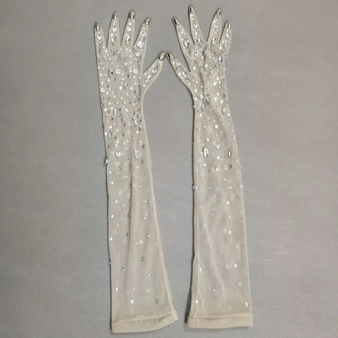 Silver Rhinestones Stretch Transparent White Gloves Bar Singer Ornament Crystals Stones Long Mittens Party Stage Accessories