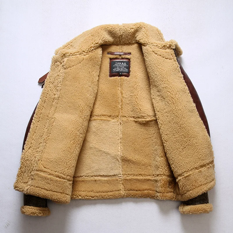 Fast Shipping,Men\'s Winter Shearling Sheepskin Jacket Warm Fur Collar Vintage Air Force Flight B-3 Genuine Leather Jacket