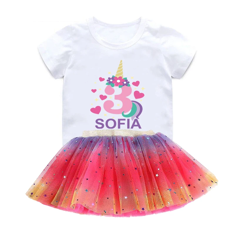 Benutzer definierte Name Geburtstag T-Shirt niedlichen Einhorn Nummer 1-10 Cartoon Mädchen T-Shirt Sommer Baby Kinder Tops lustige Kinder Kleidung, hkp5399