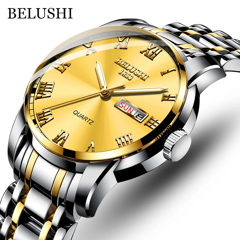 BELUSHI-Reloj de pulsera de malla de acero para hombre, cronógrafo ultrafino de cuarzo, resistente al agua, marca superior de lujo, a la moda