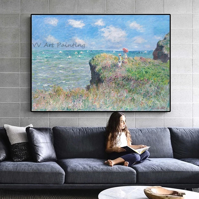 Best Art Monet Cliff Seaside Landscape Oil Painting Canvas Handmade Palette Knife Impressionist Living Room Wall Decor Artwork