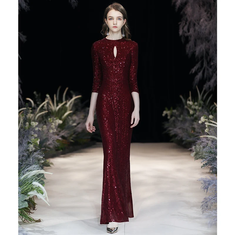 

wei yin AE0362 2023 O Neck 3/4 Sleeves Sequin Mermaid Evening Dresses Long Formal Dress Wine Red Evening Party Dresses