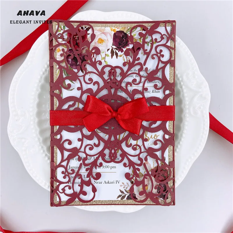 

50PCS Bowknot Burgundy Invitations European Style Laser Cut Wedding Invitations Holiday Greeting Card Cover