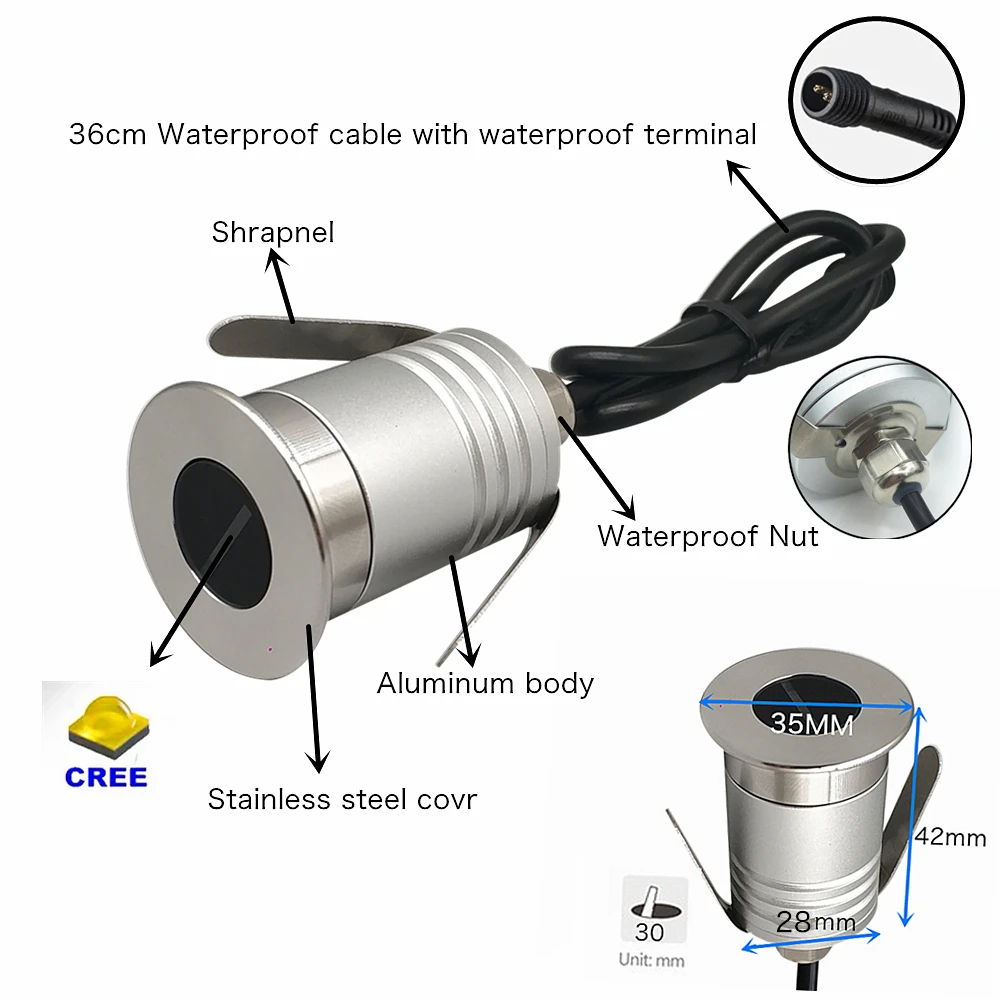 Outdoor 1W LED Underground Spotlight IP67 wodoodporna podłogowa lampa punktowa na pejzaż z ogrodem plac ścieżka Yard krok światła schodowe 12V