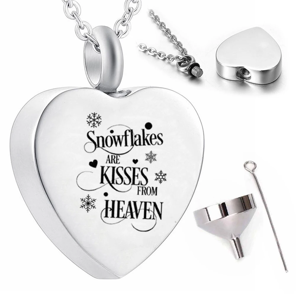 Stainless steel Heart-shaped Snowflake Pendant  Ashes Keepsake Urn necklace Cremation jewelry-Snowflakes are klsses from heaven