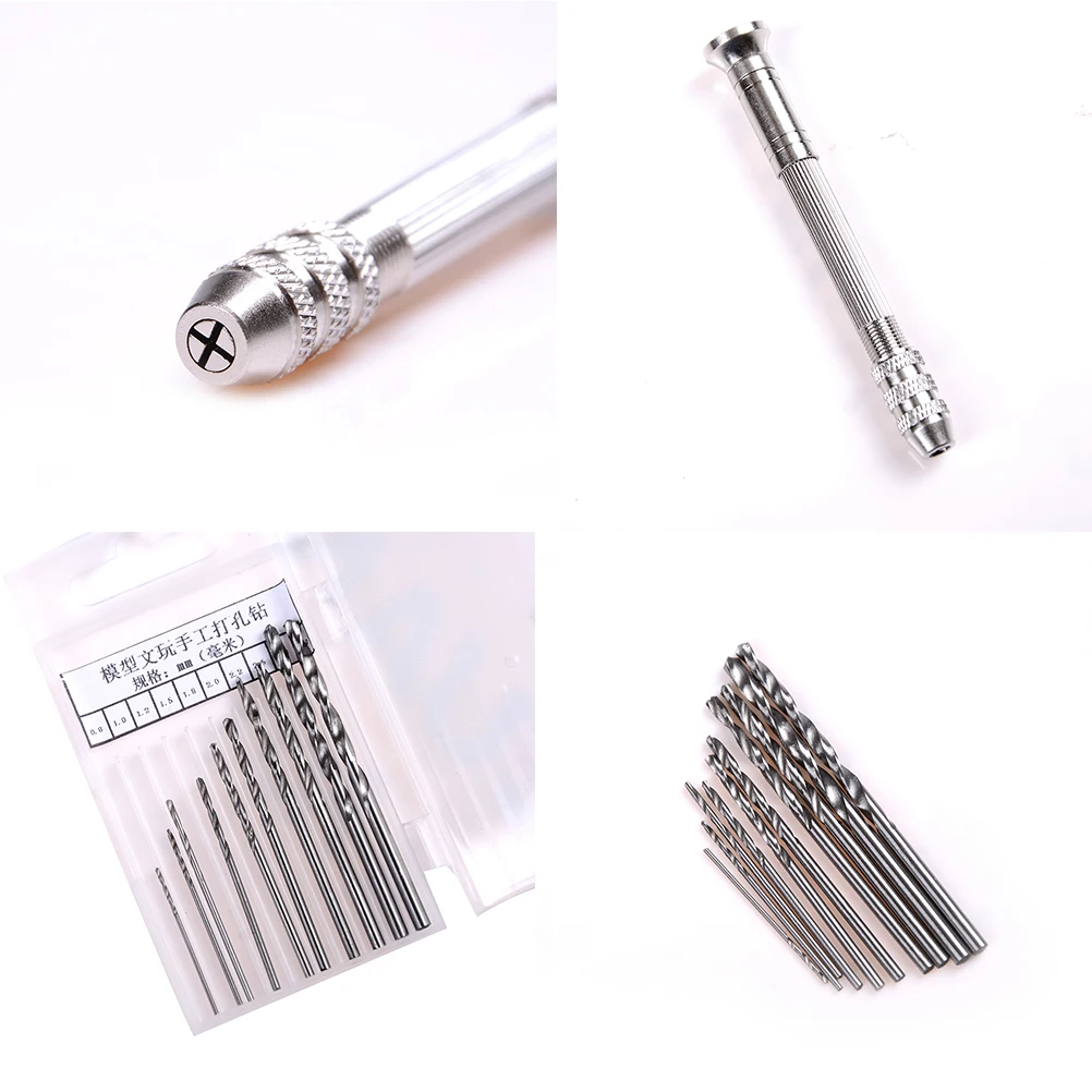 11pcs/Set Mini Manual Aluminum Hand Drill With Keyless Chuck +10pcs Twist Micro Drill Bit Woodworking Drilling Rotary Tools