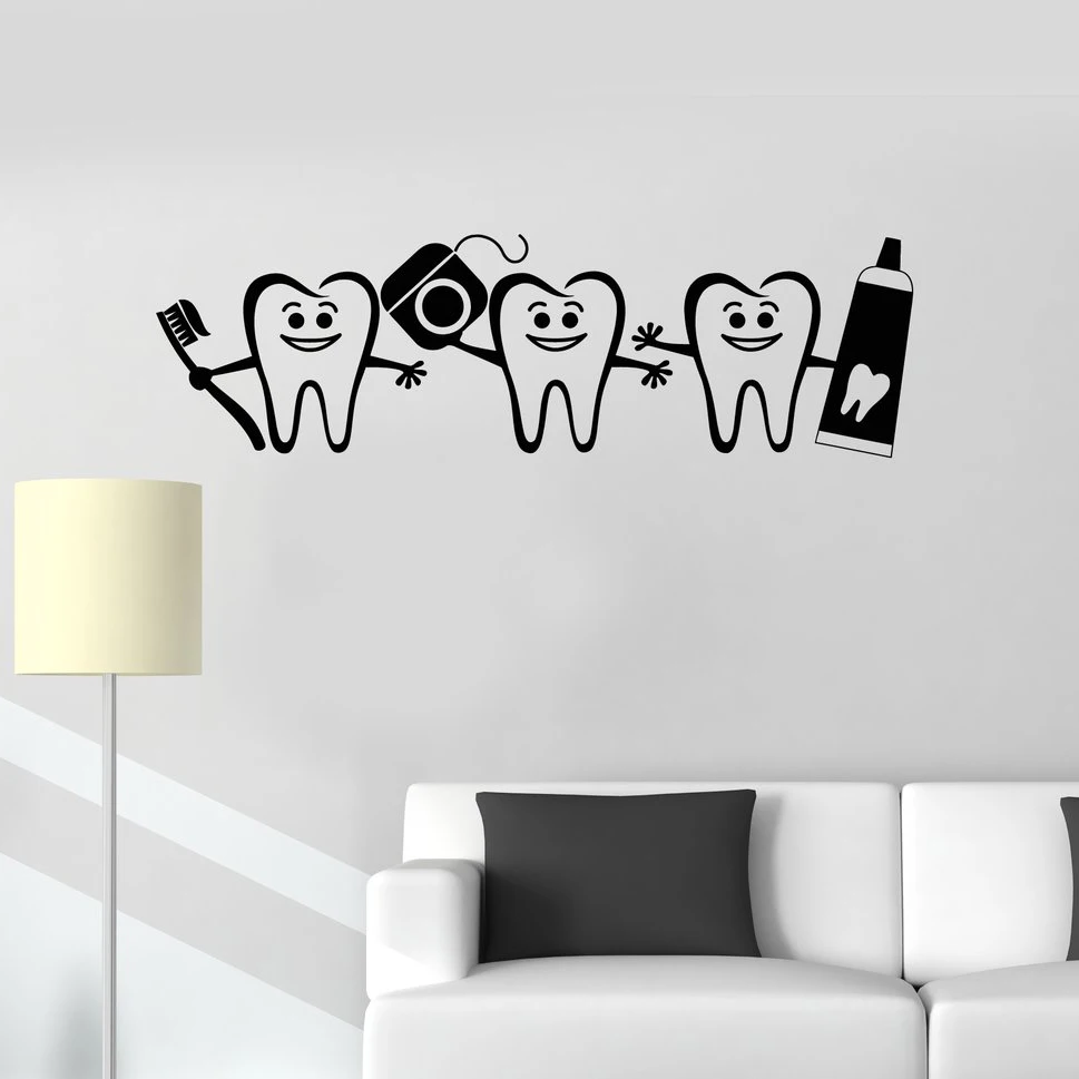 WJWY Healthy Teeth Bathroom Decor Dental Care Wall Sticker Dentist Sign Door Window Decals Nursery Kids Room Wall Decal