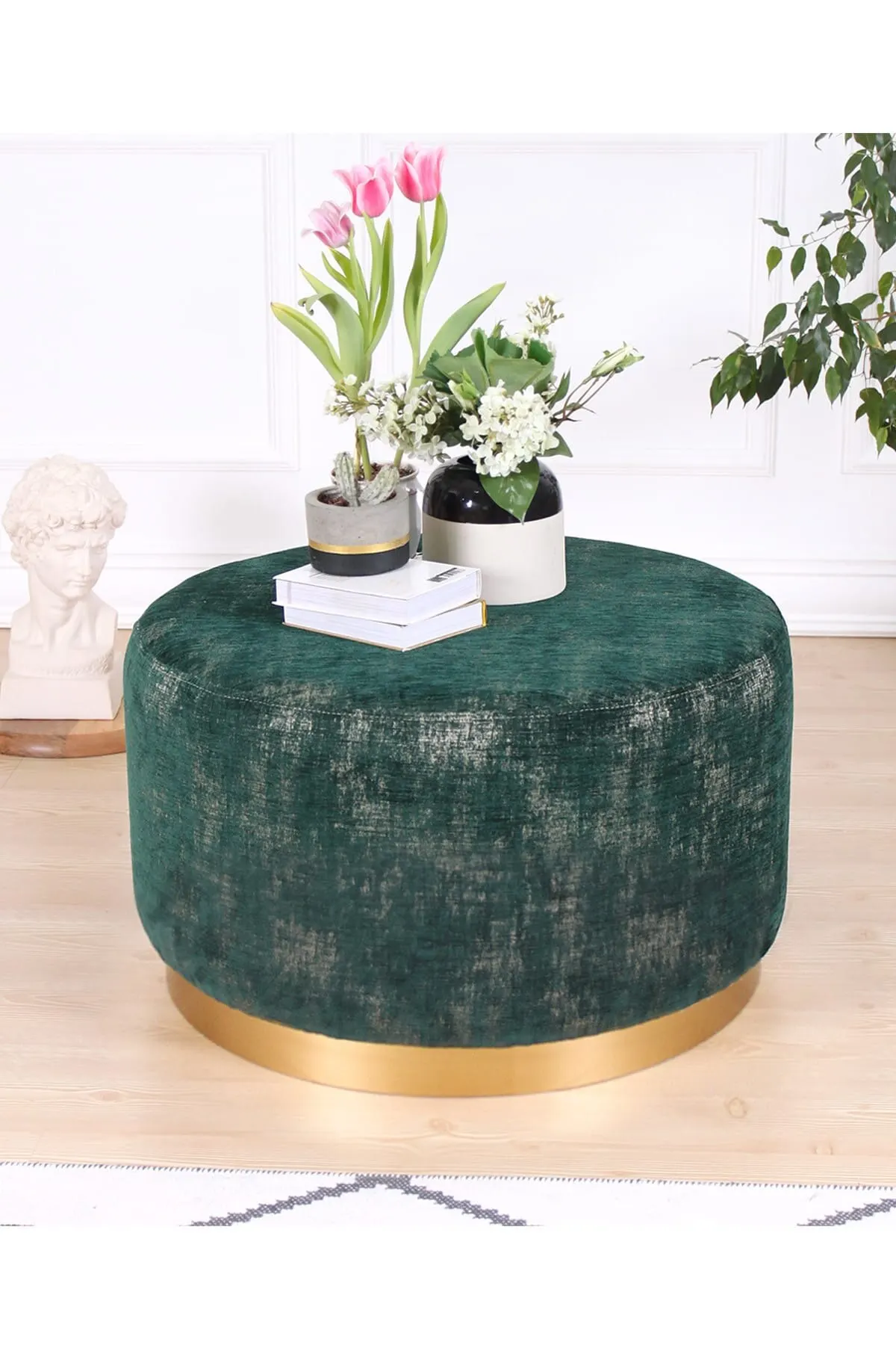 Lorence Home Nifty Pouf - Emerald Green Gold Stool Flannel Chair Solid Color Sofa Pedal Round Stools Ottoman Pouf