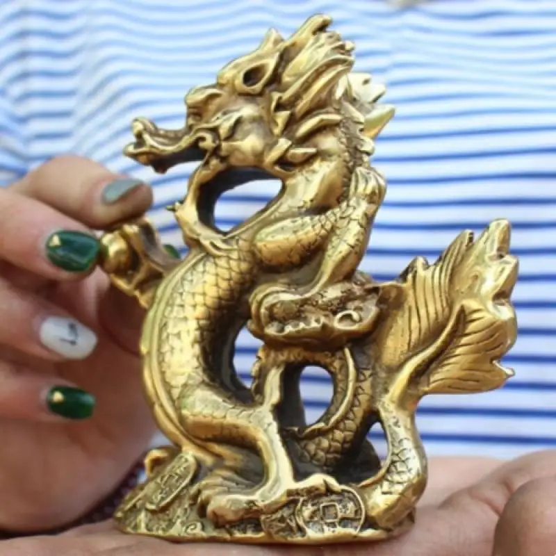 

5"chinese Zodiac Fengshui Brass Carved Yuanbao Money Coin Animal Dragon Lucky Statues et Sculptures Collection Ornaments