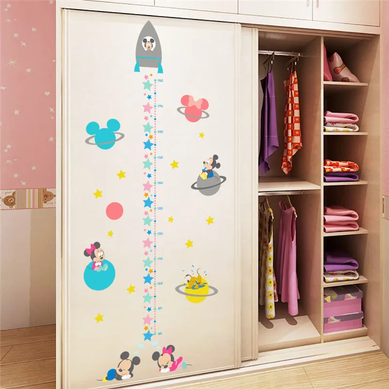 Baby Minnie Mickey Height Sticker With Rocket Planet Star Growth Chart Wall Stickers For Kids Room Home Decoration Kids Decals