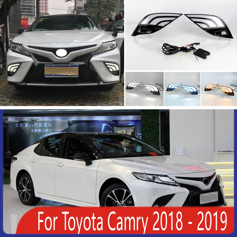 

2 шт. для Toyota Camry 2018 2019 светодиодный дневные ходовые огни DRL с отверстием для противотуманной фары желтый указатель поворота синий ночной Светильник