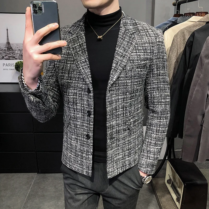 

Autumn 2022 Winter Woolen Plaid Bomber Jacket Men Fashion Streetwear Jackets Male Casual Warm Coat Men's Wool Outwears B626