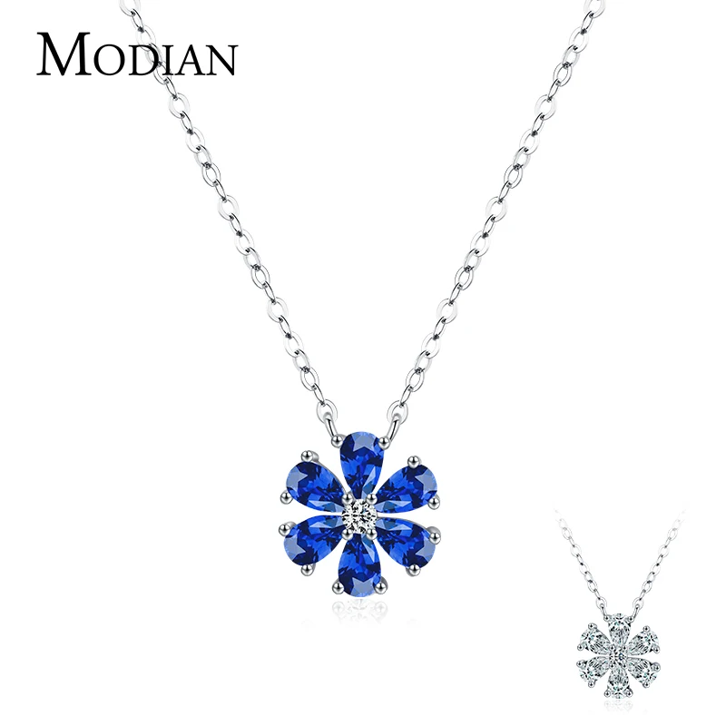 MODIAN 925 Sterling Silver Sparkling Lucky Flower Pendant Necklace for Women Luxury Drop Zirconia Female Wedding Fine Jewelry