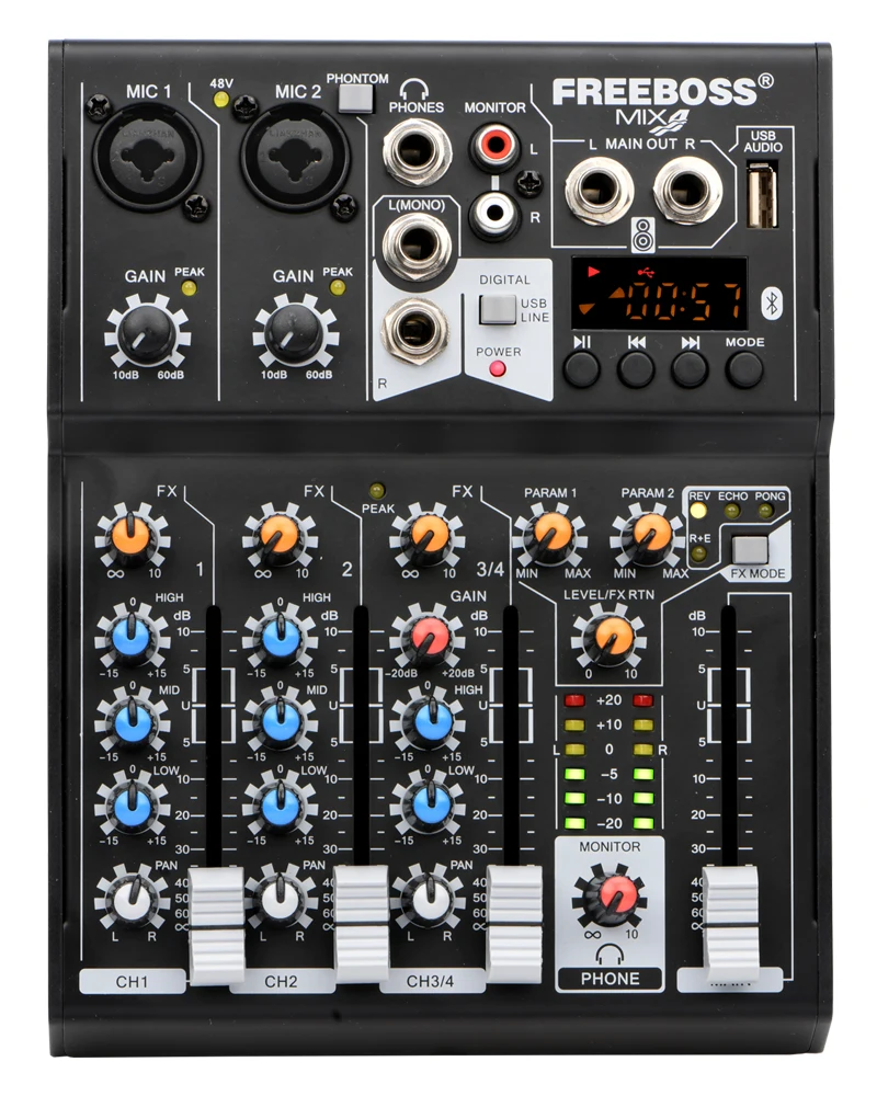 FREEBOSS 4-Kanal-Audiomischer, USB-Computer, Wiedergabe, Echo, Bluetooth-Mischpult für Kirche, Party, Familienstudio, MIX4 – Detail 1