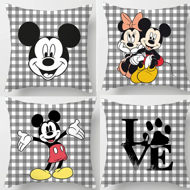 Disney Cartoon Cushion Cover Black And White Plaid Mickey Mouse Car Cushion  sequin pillow case  pillow cover