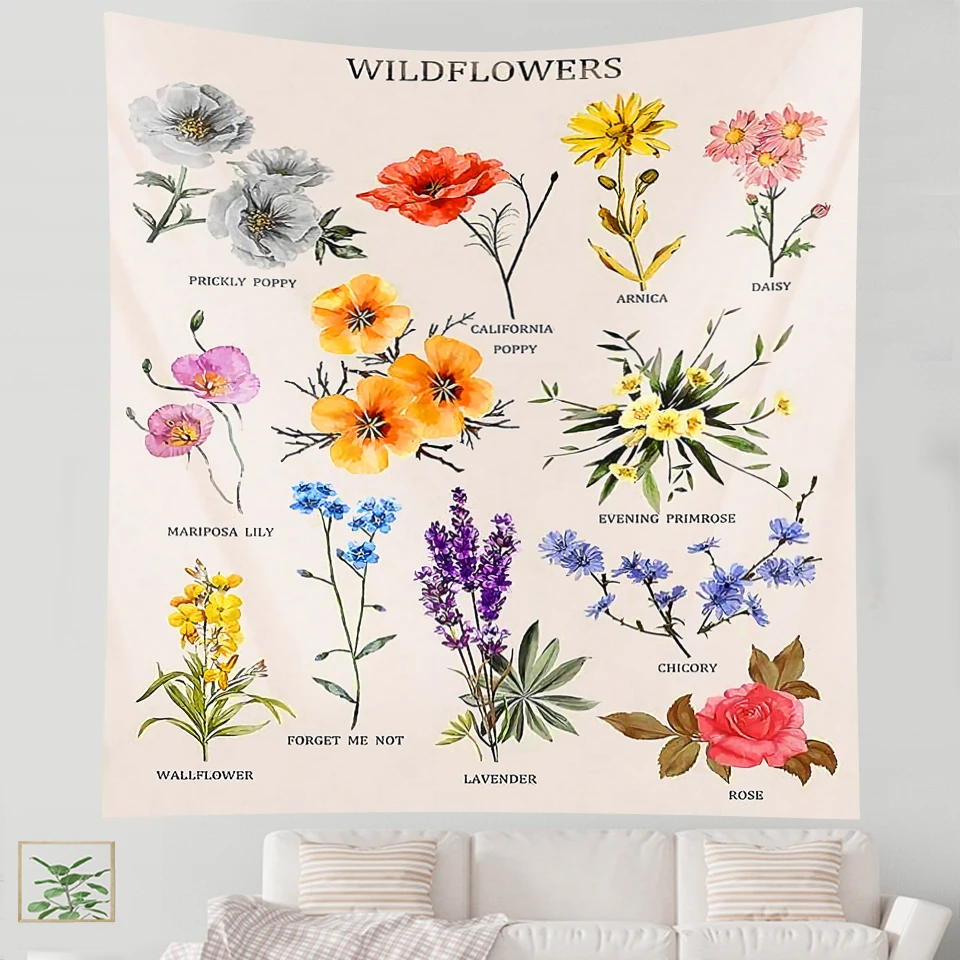 Plant wild flower tapestry wall hanging flowers reference picture Hippie Bohemian tapestry colorful psychedelic ins home decorat