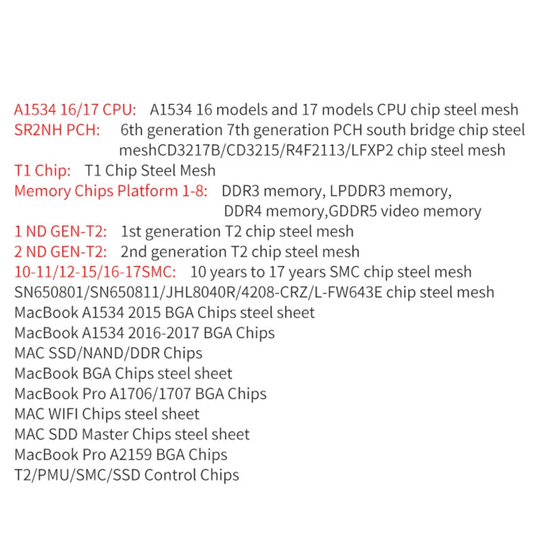 BGA reballing stencil kit for Macbook Chip IC PMU/SMC/T1/T2/RAM/NAND/WIFI/Power Chip Direct heating template With fixing device