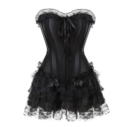 Gothic Vintage Satin Lace Overbust Corset Top Sexy Bustier Lingerie Mini Tutu Skirt Victorian Fashion Corset Costumes Plus Size