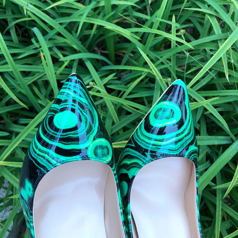 Tikicup Women Green Floral Print Patent Pumps Slip On Pointed Toe Stilettos Ladies Sexy Patterned High Heel Party Dress Shoes view 4