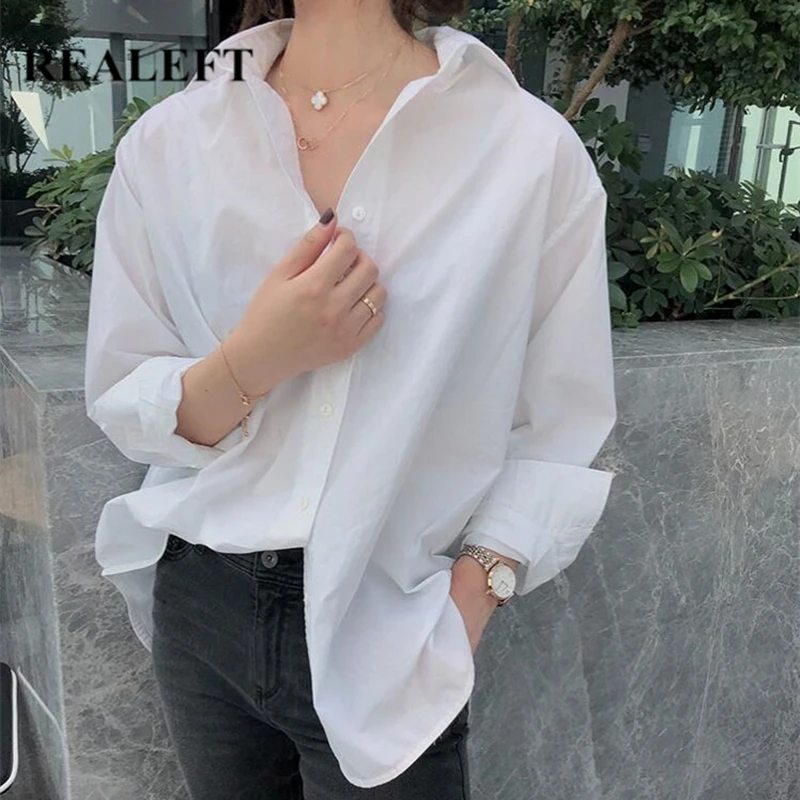 

REALEFT 2022 New Autumn White Women's Blouse Turn-down Collar Casual Loose Female Blouse Tops Workwear Office Shirts