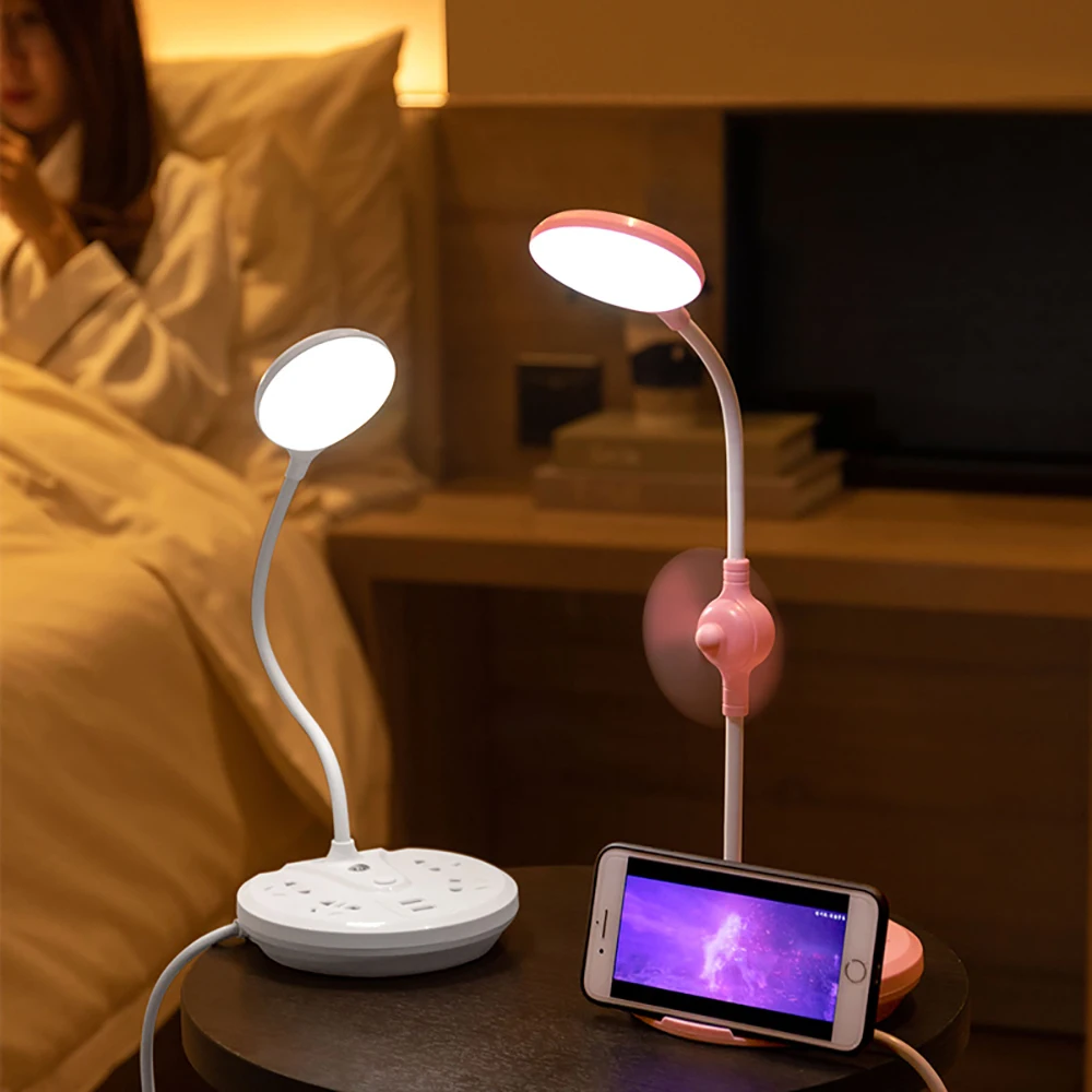 LED Desk Lamp Eye Protection with Charging USB &Sockets Switch Learning Children's Dormitory Bedroom Bedside Reading Night Light