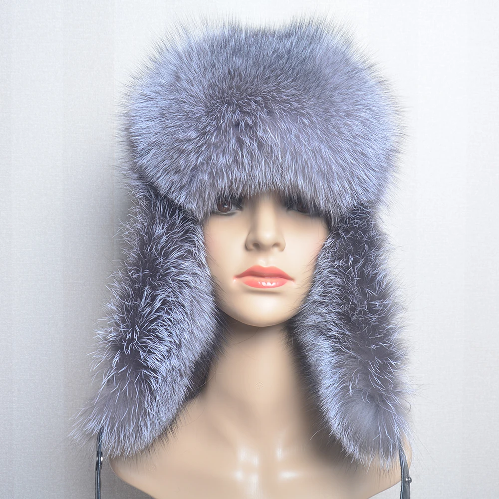 100% Real Fox Fur Hat Women\'s Russian Ushanka Aviator Trapper Snow Ski Hat Caps Ear Winter Raccoon Fur Real Sheepskin Bomber Hat