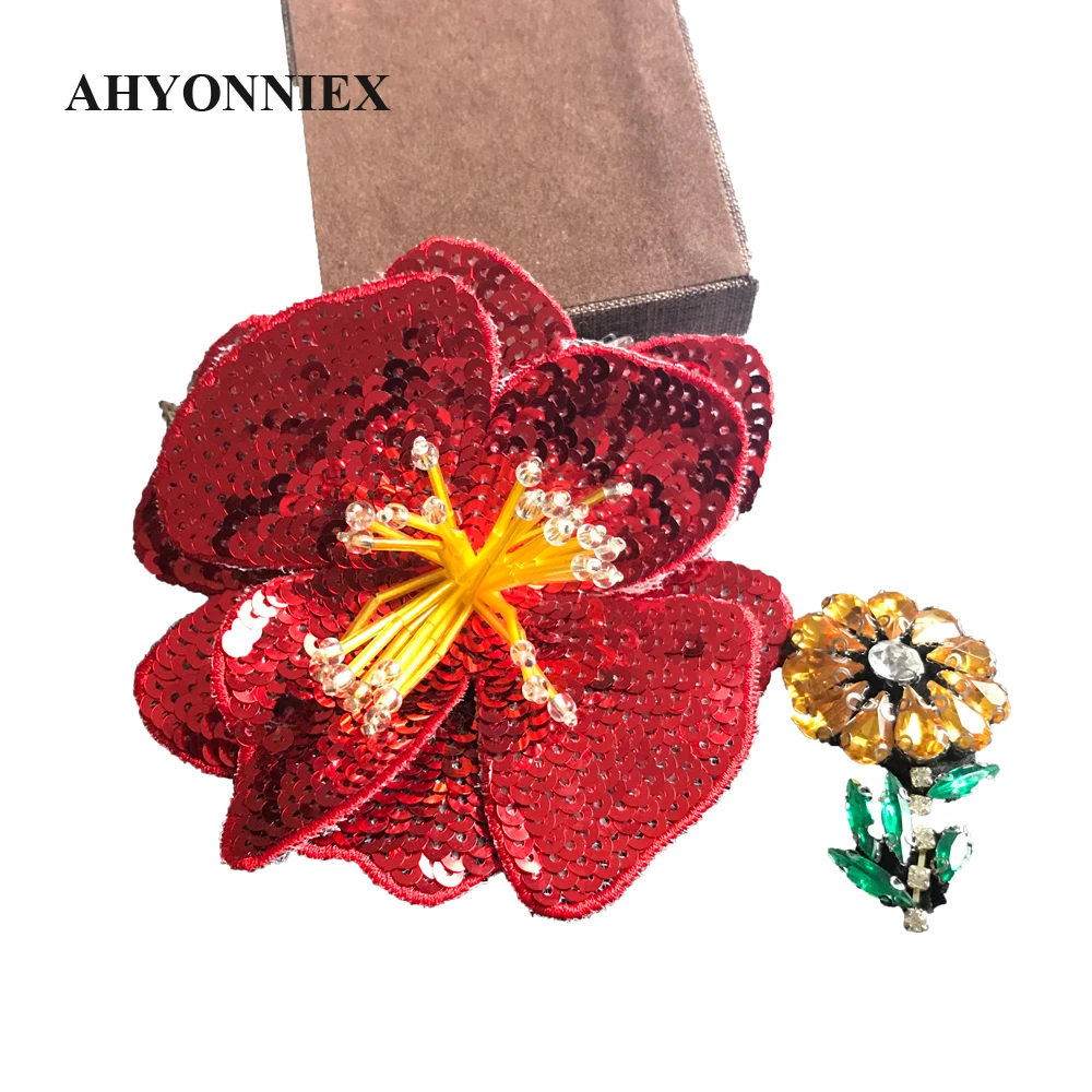 AHYONNIEX Red Rose 3D Sew On Sequins Flowers Patch Clothes 11CM X 11CM DIY Applique Patches for Clothing Bordados Para La Ropa