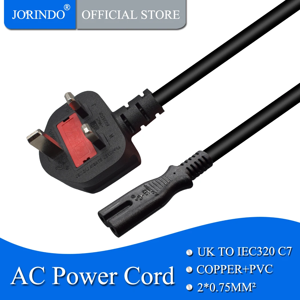 JORINDO 0.32M-0.64M/1FT-3FT,English Standard Plug to figure eight power supply conversion line,UK 3 PIN TO IEC320 C7 2 hole