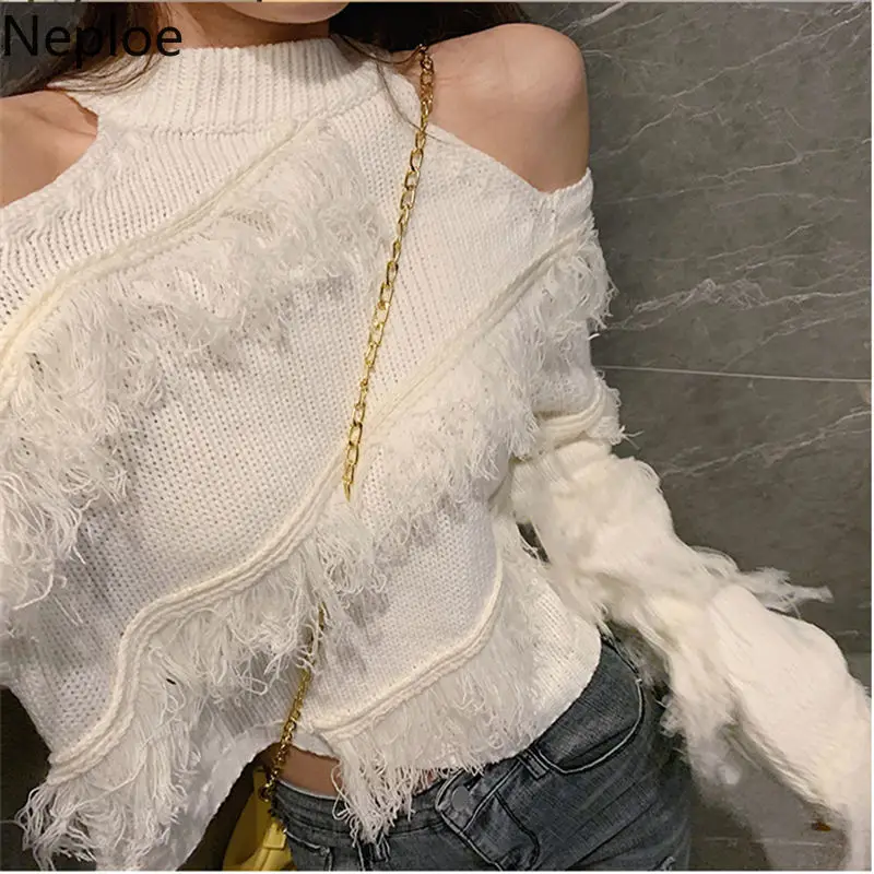 Neploe Sexy Lady Sweater Women Hollow Out Off Shoulder Knitted Cropped Pullovers Chic Tassels Jumper Sueter Fall 2023 Woman