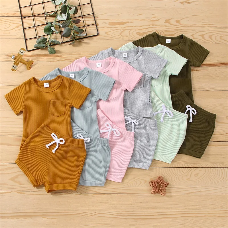 0-24 M Newborn Baby Clothes Summer Outfits Ribbed Knit Short Sleeve T-shirt + Drawstring Short Pant Solid Color Clothes Set