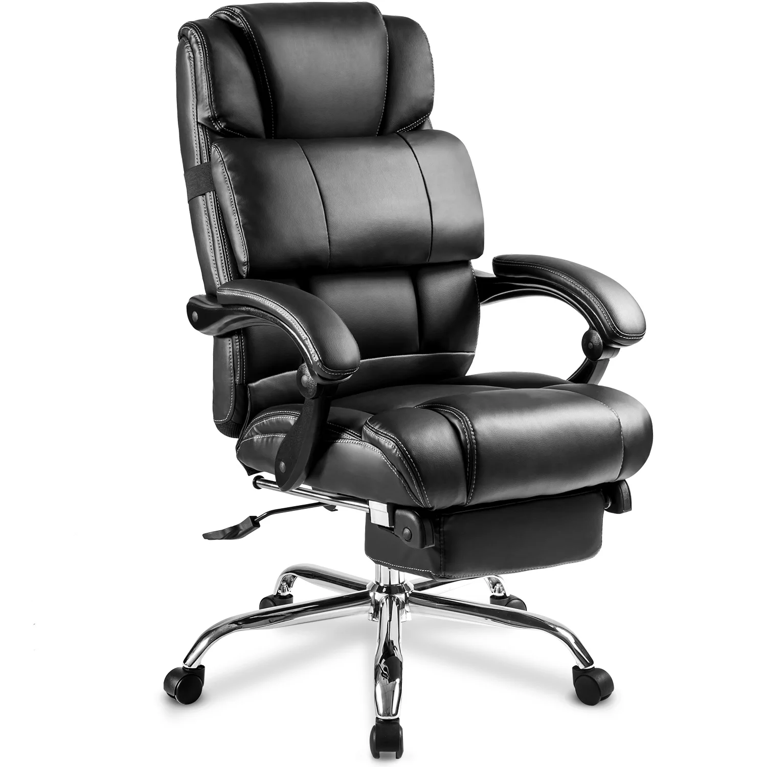 Office Chair High Quality PU Leather with Double Padded/Support Cushion and Footrest Black[US-Stock]