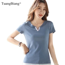 TuangBiang 2023 Summer Short Sleeve Patchwork V-Neck Cotton T-Shirts Elegant Retro Loose Tshirts Ladies Slim Soft Fashion Tops