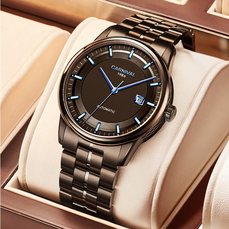 CARNIVAL Luxury Switzerland Brand Men's JAPAN MIYOTA Automatic Mechanical Watches Sapphire Full Black Dual Calendar Clock C5668G
