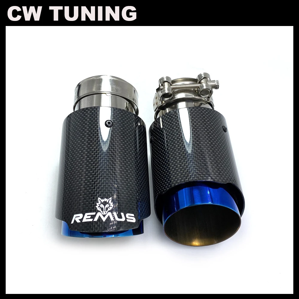 1PCS Car Exhaust Tail Pipe Glossy Carbon Tail End Blue Stainless Steel Straight Muffler Tip Flange With Remus Logo For Bmw F30