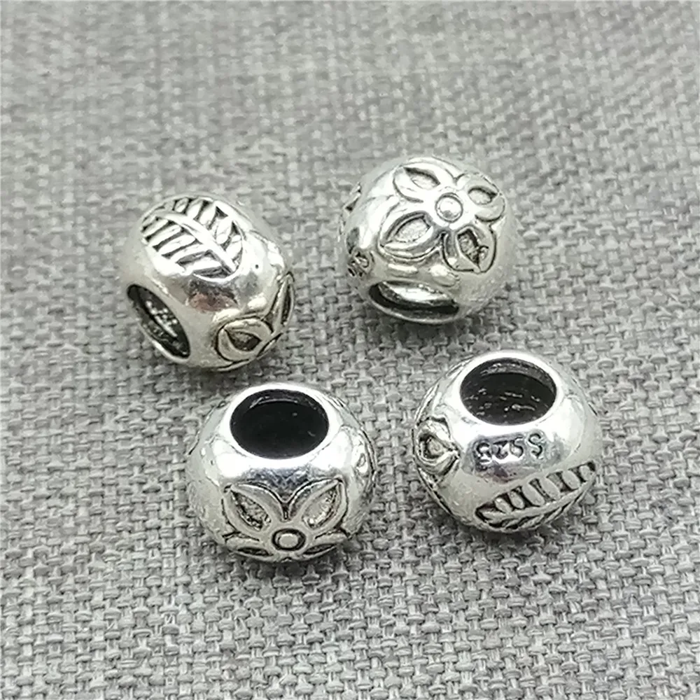 

6 Pieces of 925 Sterling Silver Flower and Leaf Beads with Imprint for Bracelet