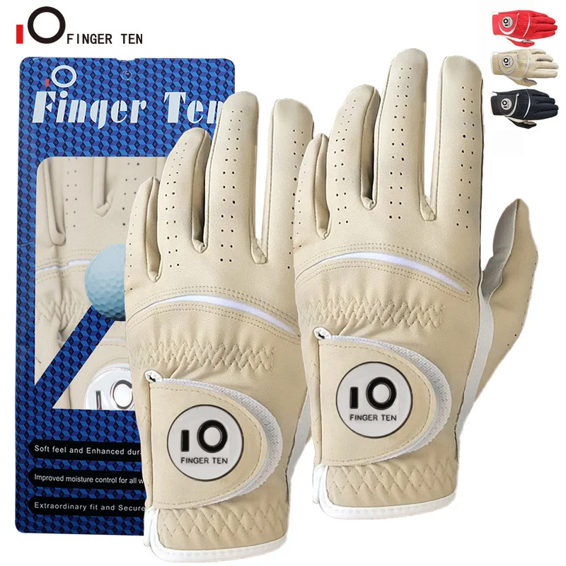 2 Pcs Soft Pu Leather Mens Golf Gloves with Ball Marker Cabretta All Weather Grip Navy Khaki Red Small Medium Large XL